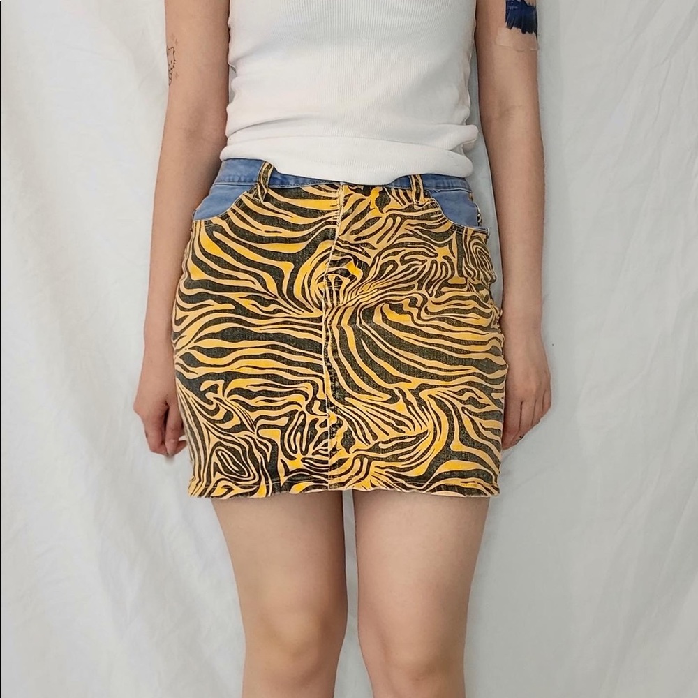 One Above Another yellow zebra denim mini skirt